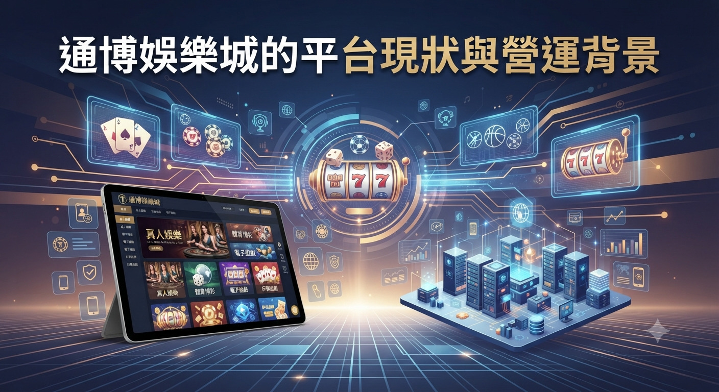 圖片展示了通博娛樂城的平台現狀與營運背景，並結合了科技感的伺服器、線上博弈介面與數位圖表元素。 整體視覺以深藍色與金色為主調，突顯線上娛樂產業的現代化科技運作與營運規模。
