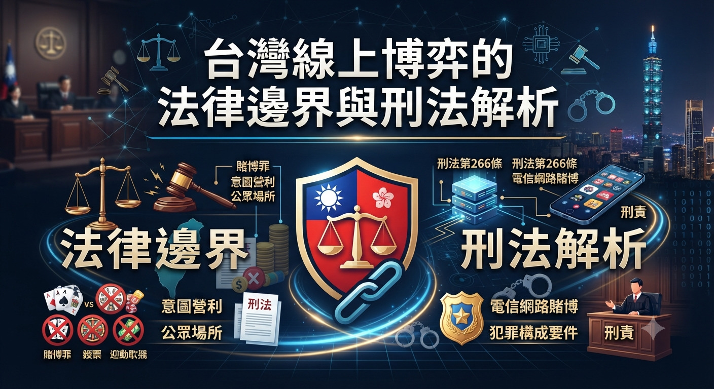 這張圖片展示了台灣線上博弈的法律邊界與刑法解析主題，背景融合了法律天秤、台北101夜景與科技網格元素。 畫面正上方醒目地呈現了「台灣線上博弈的法律邊界與刑法解析」標題文字。